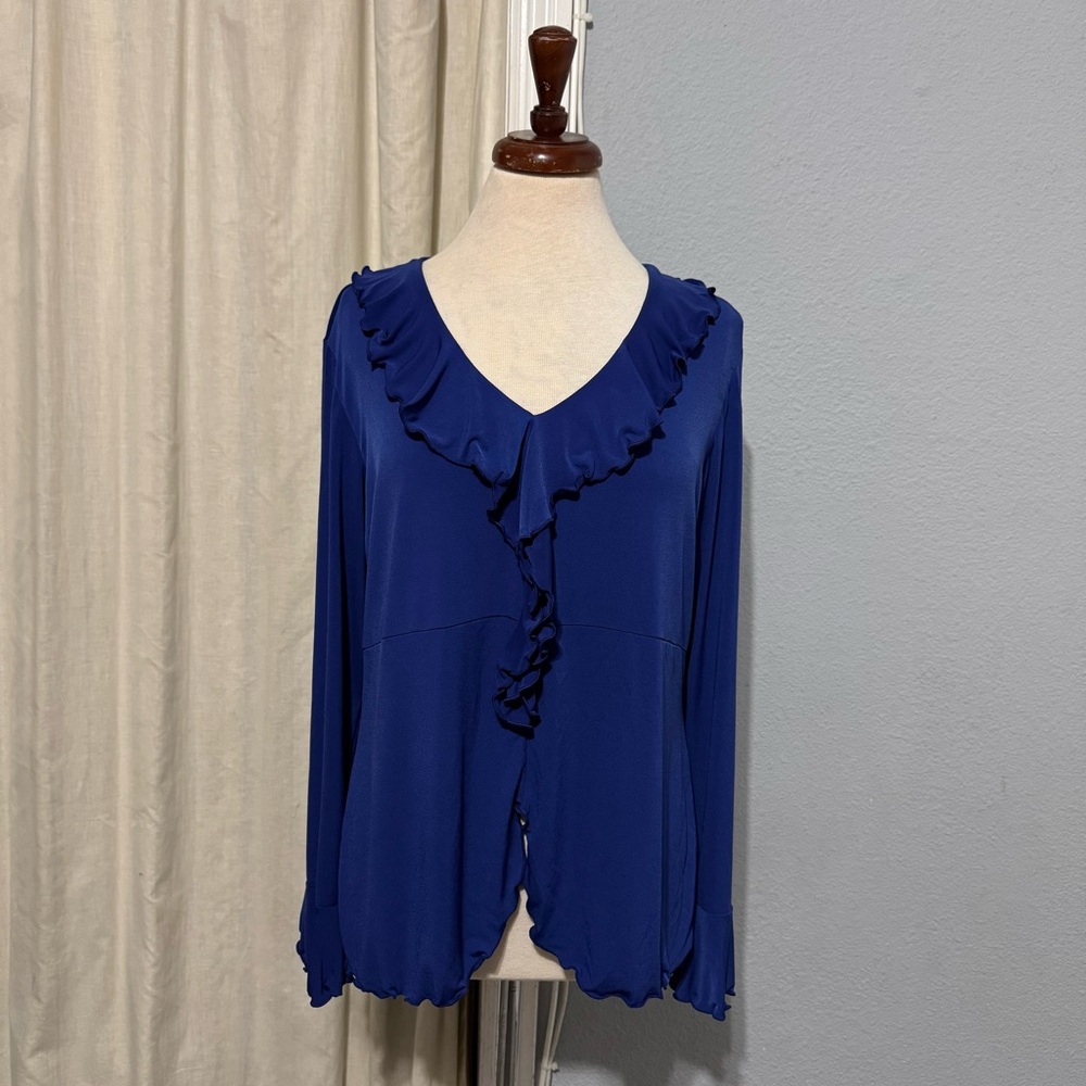 Simonton Says Women Elegant Blue Front Ruffle Long Sleeves Ruffled Cuffs Top‎ L